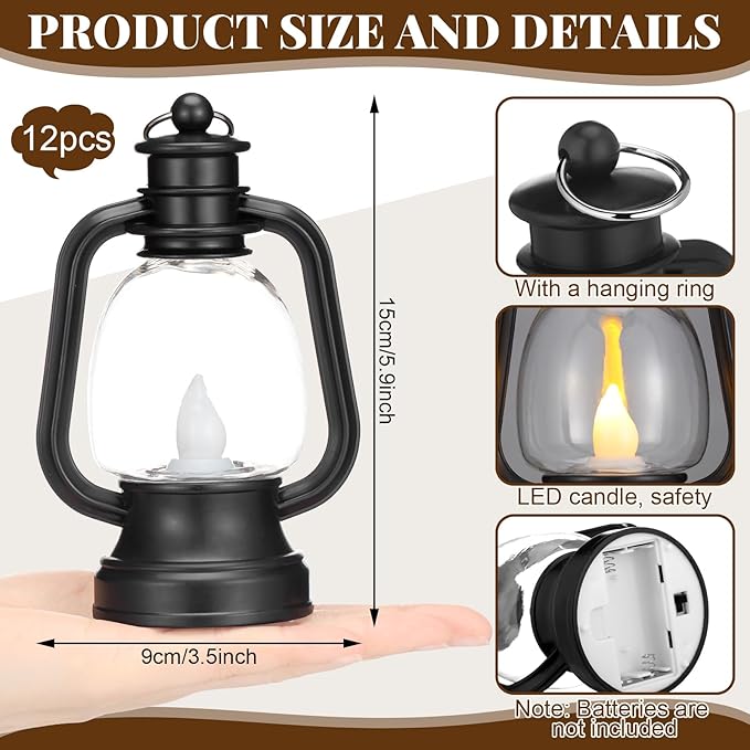 Ferraycle 12 Pcs Mini Lantern Decor 4 Inch Western Lantern Table Centerpiece Small Vintage Camping Hanging Lamp Ornaments Bulk for Cowboy Cowgirl Wedding Halloween Christmas (6 Inch,Black)
