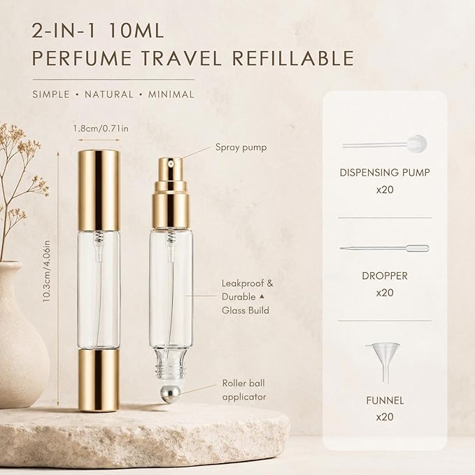 Domensi 20 Pack 10ml Dual-head Perfume Roller Bottles for Essential Oils, Travel Refillable Bottles with Roller Ball & Spray, Leakproof Travel Atomizer with Funnel Tool(Clear)