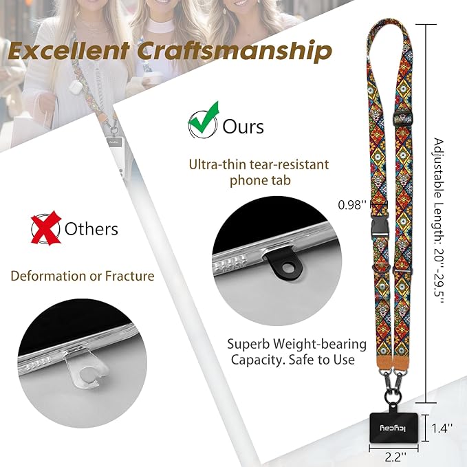 Icycay Phone Lanyard Crossbody, Boho Cell Phone Strap for Around The Neck Adjustable, Bohemian Teacher Anti Theft Cute Lanyard for ID Holder Key Accessories Travel Essential Mandala Women