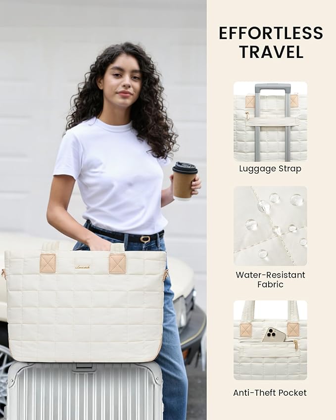 LOVEVOOK Laptop Tote Bag for Women, 17 Inch Large Puffer Work Computer Tote Bags for Teacher Nurse, Quilted Women's Purse Tote Shoulder Handbags with Zipper for Travel College Office Gym, Beige