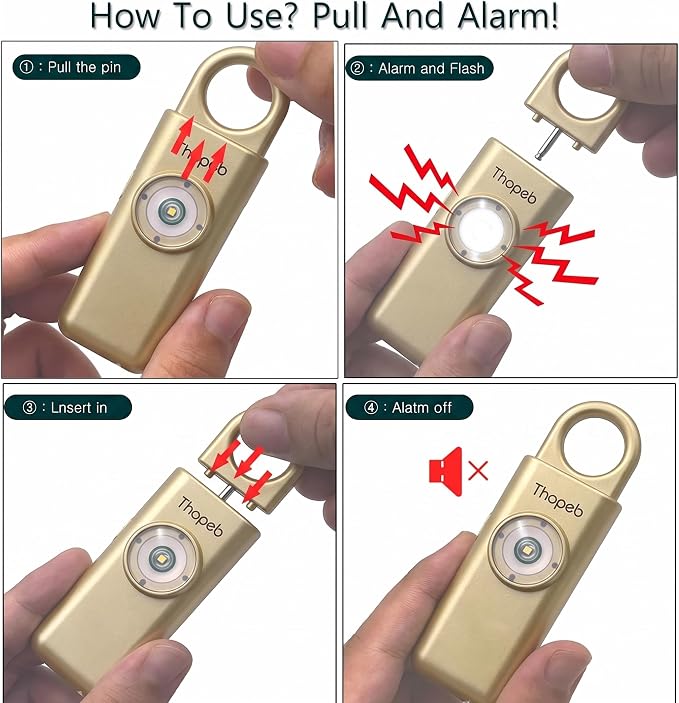 Thopeb– Personal Safety Alarm for Women–135dB Siren, Strobe Light and Rechargeable - Safety Alarm Keychain for Women (Metallic Gold)