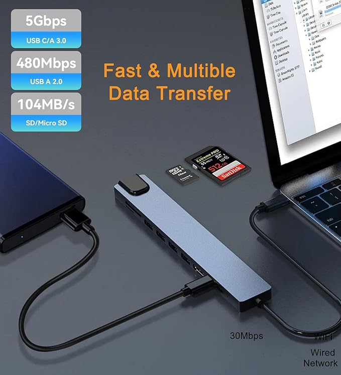 USB C Hub Ethernet HDMI Adapter, 8 in 1 Docking Station with 4K HDMI, RJ45 Ethernet, SD/TF Card Reader, USB 3.0/2.0, PD 100W, LAN USB-C Dongle for MacBook Pro/Air, iPad Pro, XPS, etc