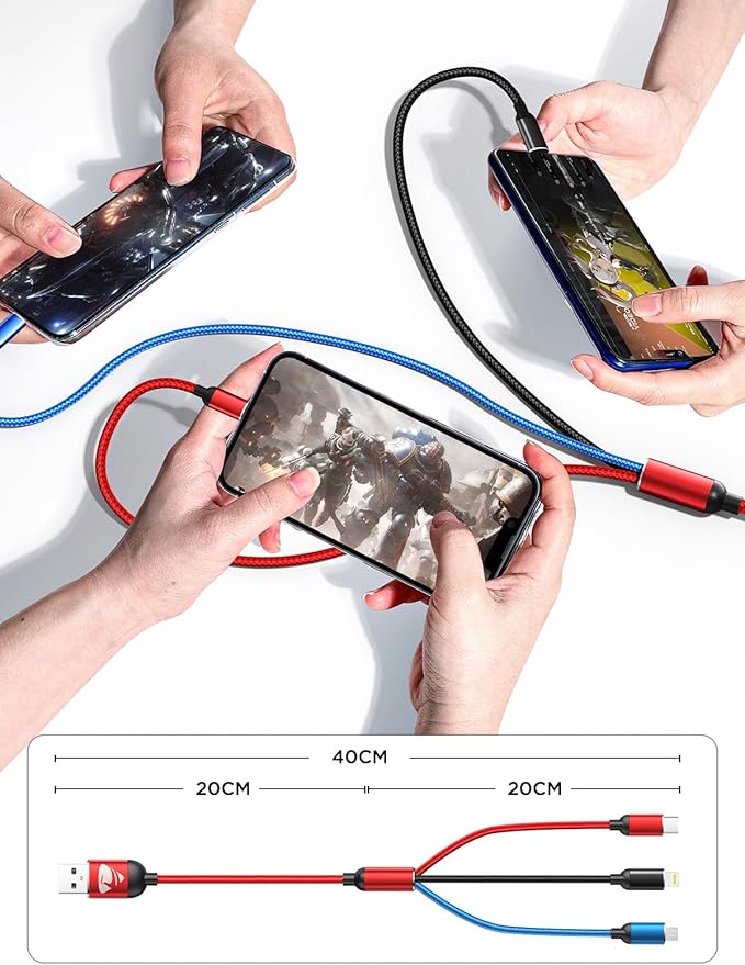 Short Multi Charging Cable, 1FT 2Pack Fast Multiple USB Cable 3 in 1 Charging Cable Universal Multi Charging Cord with IP, Type-C, Micro USB Connectors for Cell Phone Tablets,Samsung and More