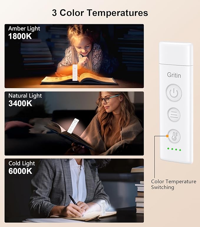 Gritin Book Light Rechargeable, Eye Caring 3-Color & 5-Brightness Clip on LED Reading Light for Books in Bed- Stepless Dimming, Long Lasting, Compact Size Flexible Book Lamp for Bookworms