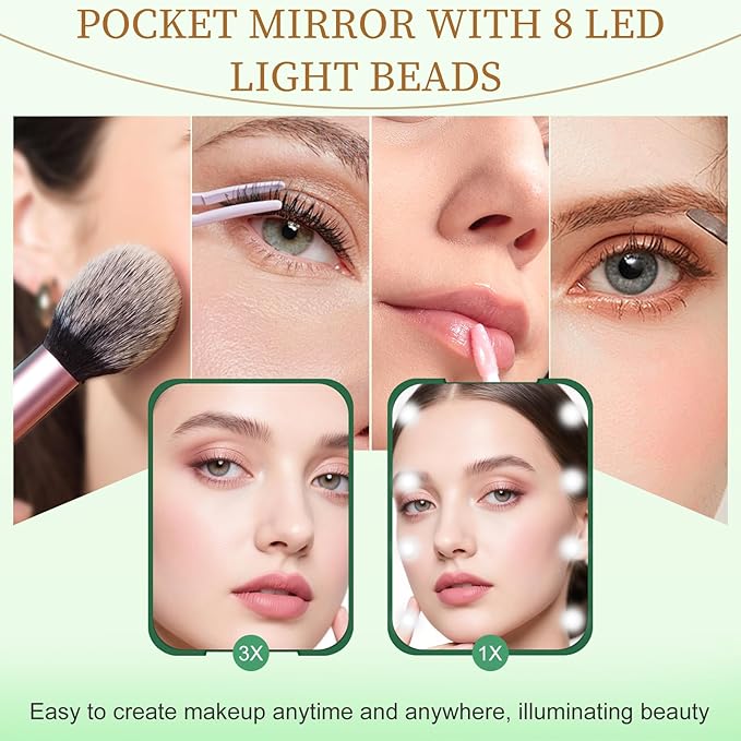 Kakuje Compact Mirror, 1X/3X Magnification LED Pocket Mirror with Nternal BIattery, Mini Mirror for Purse, Pocket,Travel and Present (Green)