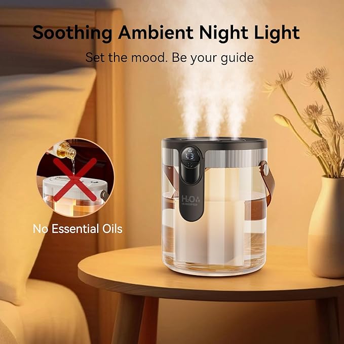 KIMMOO Rechargeable Portable Top Fill Humidifier, Smart Humidifiers for Bedroom, Night Light, 1.4L Cool Mist Humidifier for Office Home Plant Baby, 3-Speed Mist Control, Quiet, Auto Shut-Off (Grey)