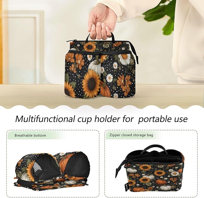 Luggage Cup Holder for Suitcases Free Hands Suitcase Cup Holder Travel Luggage Drink Holder Portable Luggage Cup Caddy Bag Carrier with Handle Black Dotty Pumpkins Sunflowers Daisy