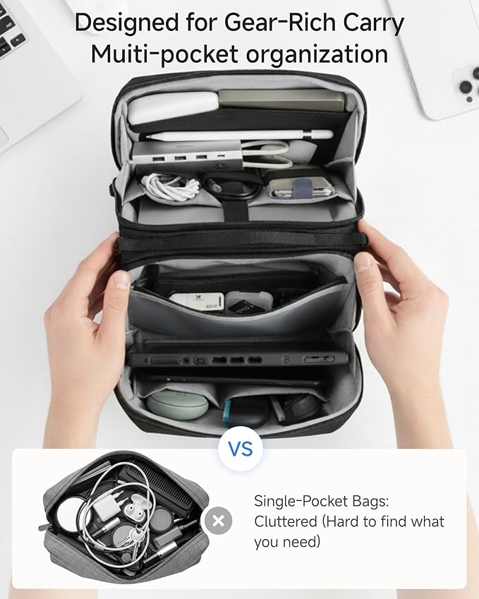 LUGGEX Large Travel Tech Pouch, Cable Organizer Bag with Removable Crossbody Strap, Dual Accessories Bag & Water Resistant for Kindle, Chargers, Cord, Earphone for Travel Office, Beige