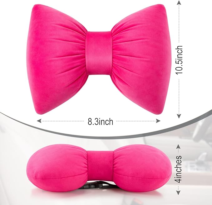 Macarrie 2 Pcs Car Neck Pillow Velvet Bow Headrest Pillow Soft Comfortable Seat Neck Support Cute Bow Car Accessories for Driving Travel Driver Chair Girl Interior Decor (Solid,Rose Red)