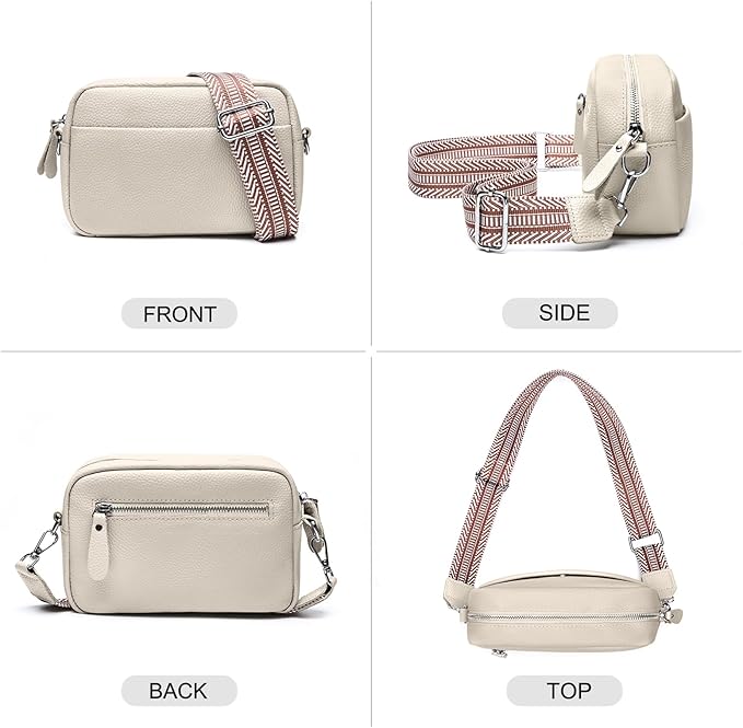 Small Crossbody Bags for Women Genuine Leather, Guitar Strap Shoulder Handbag Purse Camera Bag with Rfid Card Slots, Beige