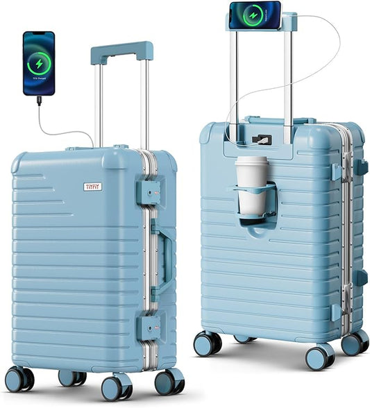 24 Inch Checked Luggage with Cup Holder, Aluminum Frame PC Hard Shell Suitcase, 360° Spinner Wheels, TSA Lock for Short Trips and Business Travel