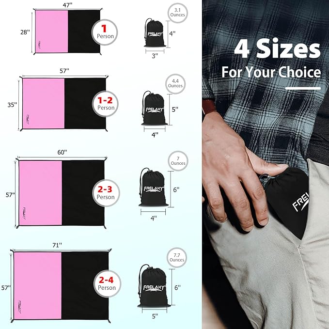 Frelaxy Pocket Picnic Blanket, Waterproof Sandproof Beach Mat, Compact Camping Tarp for Festivals, Hiking, Travel, Outdoor Recreation (Pink & Black, 57'' x 71'')