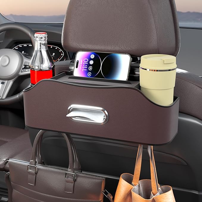 Back Seat Cup Holder for Car – Multifunctional Seat Back Organizer with Drink Holders, Tissue Box Storage & Hooks, Fits Headrest for Auto. (Brown)