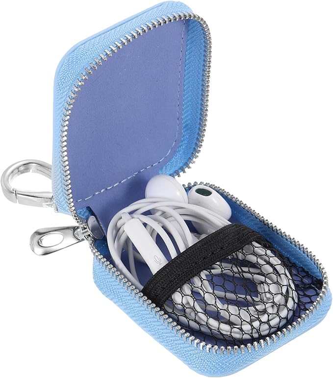 HARFINGTON Earbuds Cases, Earphone Case Holder, PU Leather Ear Buds Case Zipper Organizer Small with Mesh Pocket for USB Cable, Wireless Wired Earphones, Blue