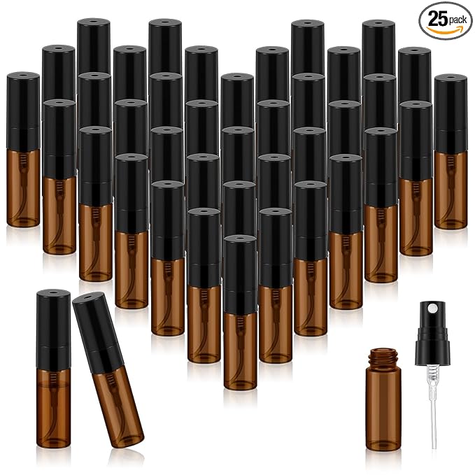 Zhehao 25 Pcs Mini Spray Bottles 3 ml Clear Glass Perfume Bottles Refillable Fine Mist Perfume Atomizer Portable Empty Sample Containers for Cleaning, Essential Oils, Travel (Amber)