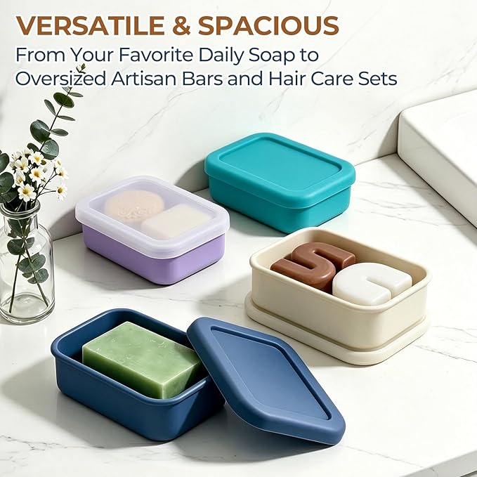 AIMAIAIMAI Silicone Shampoo Bar Travel Case with Drain Pad – Leak Proof Bar Soap Travel Case for 2 Bars, Shampoo & Conditioner Bar Holder for Camping, Gym | 1 Pack, Translucent & Light-Purple