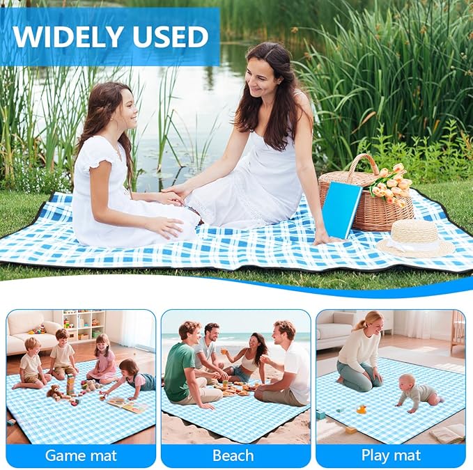 OBTANIM Extra Large Picnic Blanket 60 x 80 Inch Waterproof Foldable Beach Blankets Outdoor Picnic Mat for Camping Grass Lawn Park Music Festival Party Accessories (Blue and White)