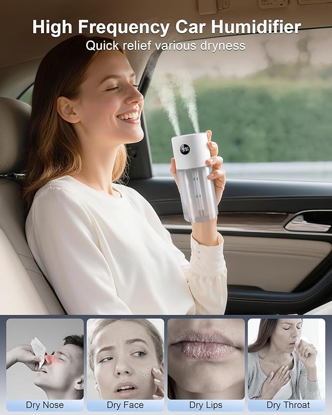 2025 Digital Display Car Humidifier, 3000mAh Portable Mini Rechargeable Humidifier for Car Travel Office Desktop Baby Kids Bedroom - Powerful Dual Spray Timer Setting 20dB Quiet Night Light