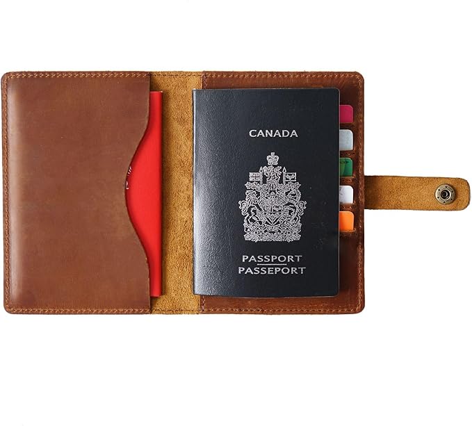 Genuine Full Grain Leather Passport Holder, Slim Bifold with Snap Button Closure, 5 Card Slots, Men's Travel Wallet (TAN)