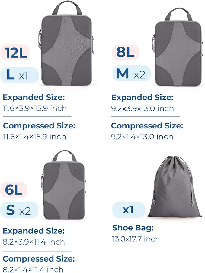 BAGSMART Compression Packing Cubes for Travel, 6 Set/14 Set Compressible Luggage Organizer for Cruise Ship, Lightweight Travel Essentials (1L+2M+2S+Shoe bag+Drawstring bag+Toiletry bag+6Plastic bags)