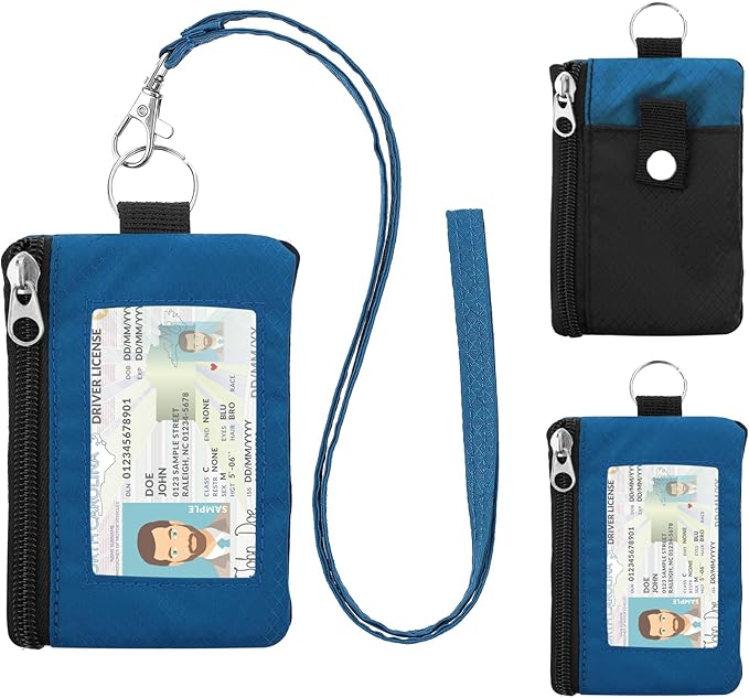 Minimalist RFID Wallet with Lanyard, Multi-Functional ID Case with 2 Zipper Pockets and Key Chain for Men and Women, Tactical Badge Pouch Cards Holder, Coin Purse for Travel Sports-Black+Blue