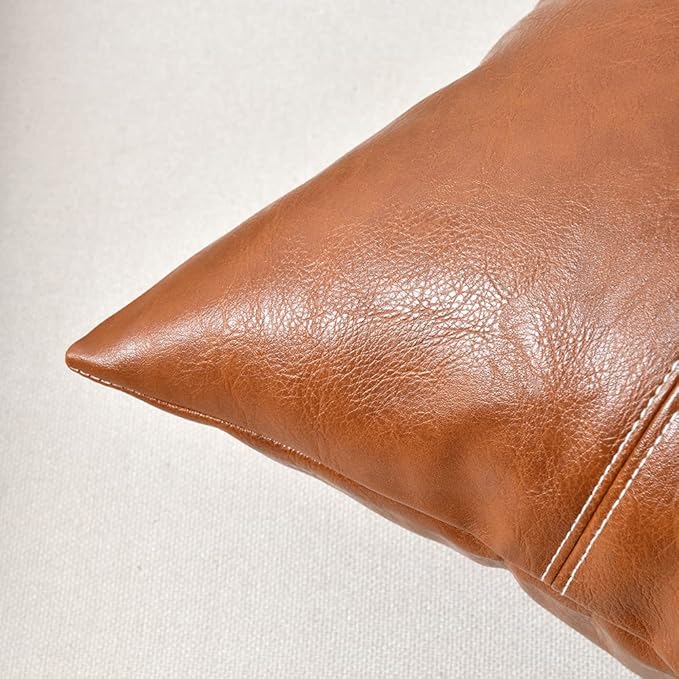 Fancy Homi Brown Boho Long Lumbar Faux Leather Decorative Throw Pillow Covers 12x24 Inch for Living Room Couch Bed Sofa, Hand Stitched Rectangle Cushion Case, Rustic Modern Farmhouse Home Decor