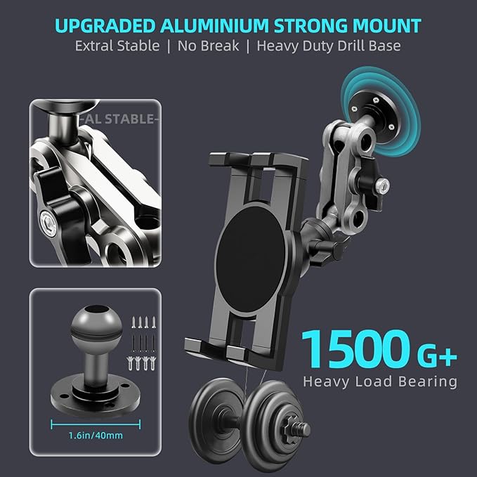 Porfortop Aluminum Heavy Duty Drill Base Tablet Holder Car Mount Dashboard, 360° Adjustable 2-Stage Stand for 4.7-12.9" iPad Pro/Air/Mini/Galaxy Tab, for Car Truck Wall Desk Commercial Vehicle