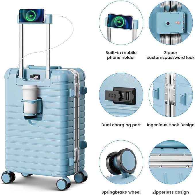20 Inch Carry on Luggage with Cup Holder, Airline Approved 22x14x9 Aluminum Frame PC Hard Shell Suitcase, 360° Spinner Wheels, TSA Lock for Short Trips and Business Travel