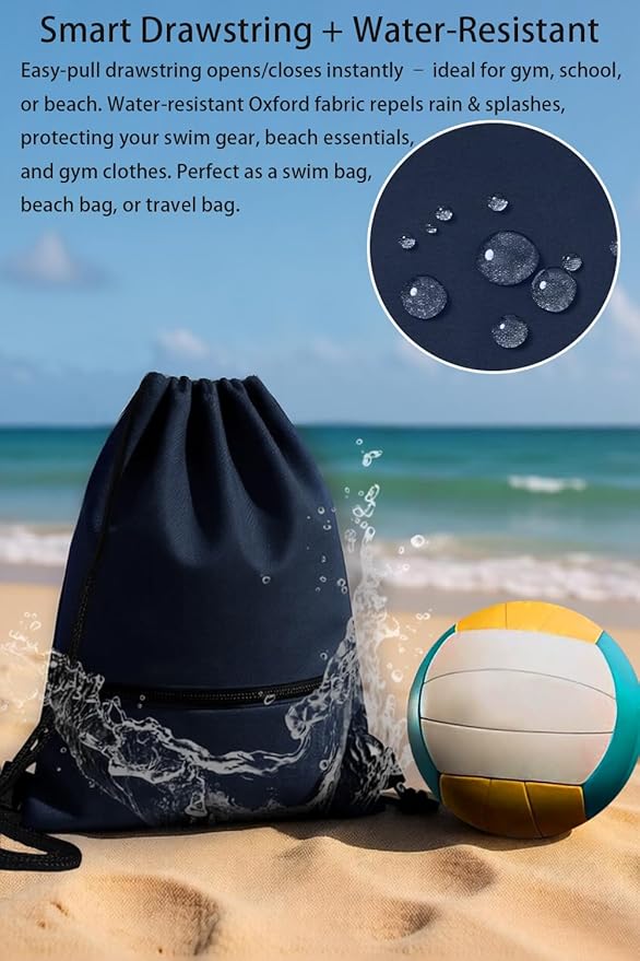 Drawstring Backpack Gym Bag For Men Women String Sports Backpack With 2 Zippered Pocket Large Cinch Sackpack Workout Bag for Gym, Soccer, Basketball, Beach(Navy Blue,16.5 * 19 inches)