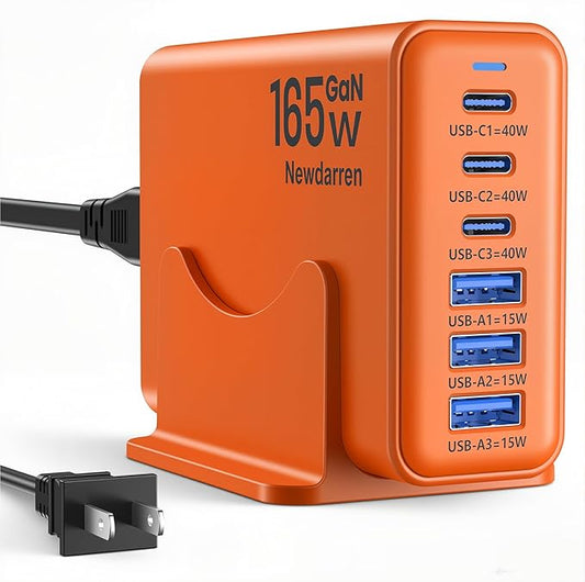 165W GaN USB C Charging Station, 6-Port Desktop Charger [3 USB-C PD + 3 USB-A], Multi-Device Fast Charger with 5 ft Cord for iPad iPhone 17/16/15, Samsung Galaxy, Tablets, Home Office Travel Orange