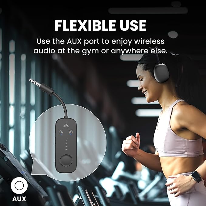 Avantree Relay – Airplane Bluetooth Adapter for AirPods, Bose & Wireless Headphones, Qualcomm Chip, aptX Adaptive & HD Audio Transmitter, 25Hrs Battery, 3.5mm AUX for Flight, Travel & Gym