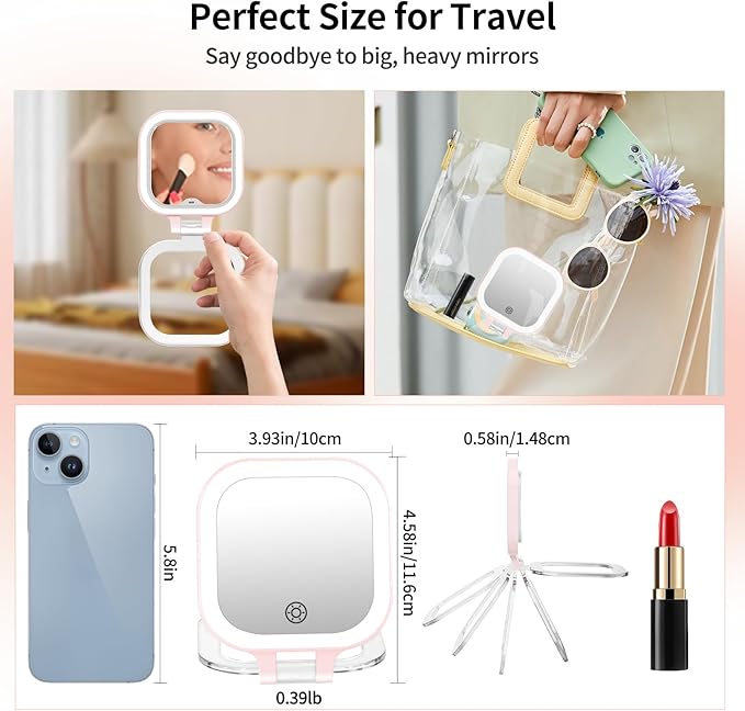 FUNTOUCH Rechargeable Travel Makeup Mirror 30X Magnification, 4.5" Lighted Portable Vanity Mirror with 3 Colors Lighting & Stepless Dimming, Double Sided LED Mirror, Gift for Women (Pink)