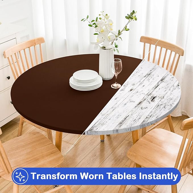 Wolkemer 2 Pack 5 Foot Brown Fitted Tablecloth 60 Inch Round Elastic Edges Table Cloth, Spandex Stretch Table Cover with Machine Washable Fabric for Wedding Party Picnic Dining Indoor Outdoor