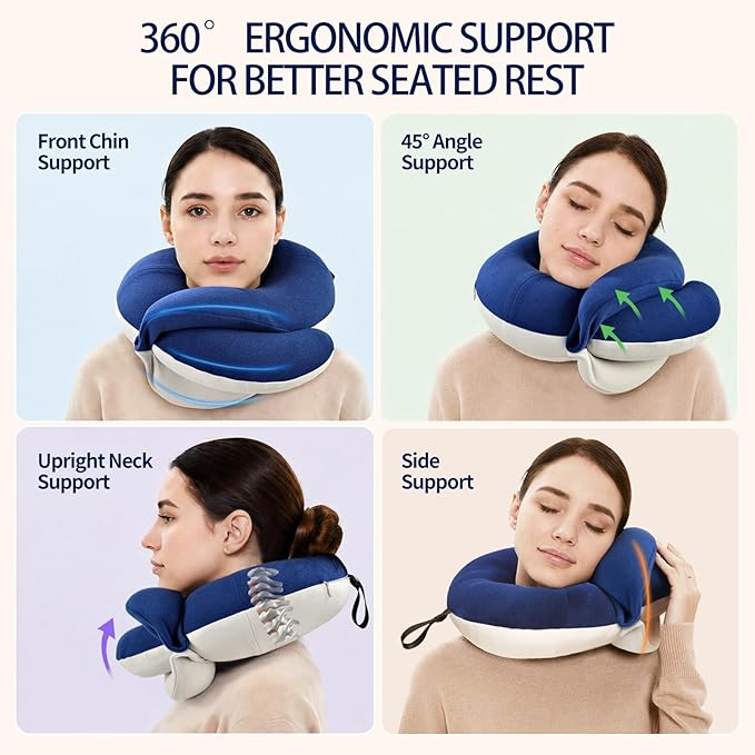 BUYUE Travel Neck Pillows for Airplanes, Memory Foam 360° Head Support Sleep for Long Flight, Skin-Friendly & Breathable, Kit with Eye Mask, Earplugs and Storage Bag (Adult, Navy, 90+ lbs)