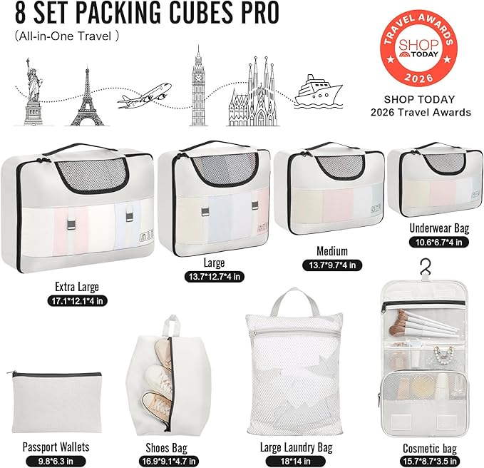 Veken 8 Set Packing Cubes for Travel Essentials,Anti-Wrinkle Buckled Suitcase Organizer for Shoe & Toiletry Bag,Carry On Luggage Bag for Airplane & College Dorm Room Accessories,Women Men Gifts