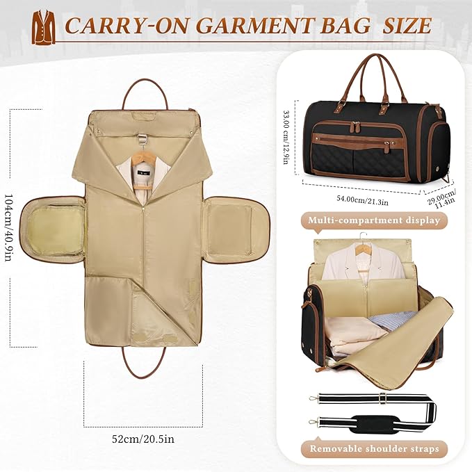 RAINSMORE 2-in-1 Convertible Garment Bag for Travel, 51L Garment Duffel Bag with Hanging Clothes, Carry-On Garment Bag with Shoe Pocket, Foldable Suit Travel Bag, Weekender Bag - Business Trips