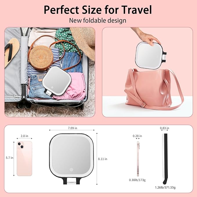 DESCHEN Rechargeable Travel Makeup Vanity Mirror with Lights and Magnification, 7" Portable 1X/10X Magnifying Mirror with 4 Color Light, Lighted Makeup Mirror with Magnification, Folding LED - Black