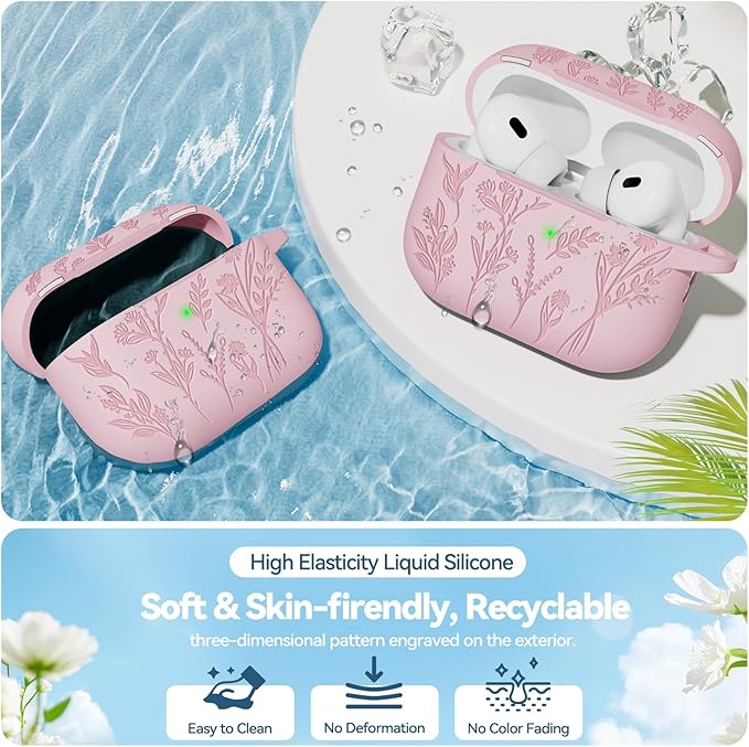 for AirPods Pro 2 Case with Magnetic Lid, Ekoonpft Flower Engraved Silicone Case for Apple AirPods Pro 2nd/1st Generation (2023/2022/2019) Cover with Cleaning Kit & Keychain