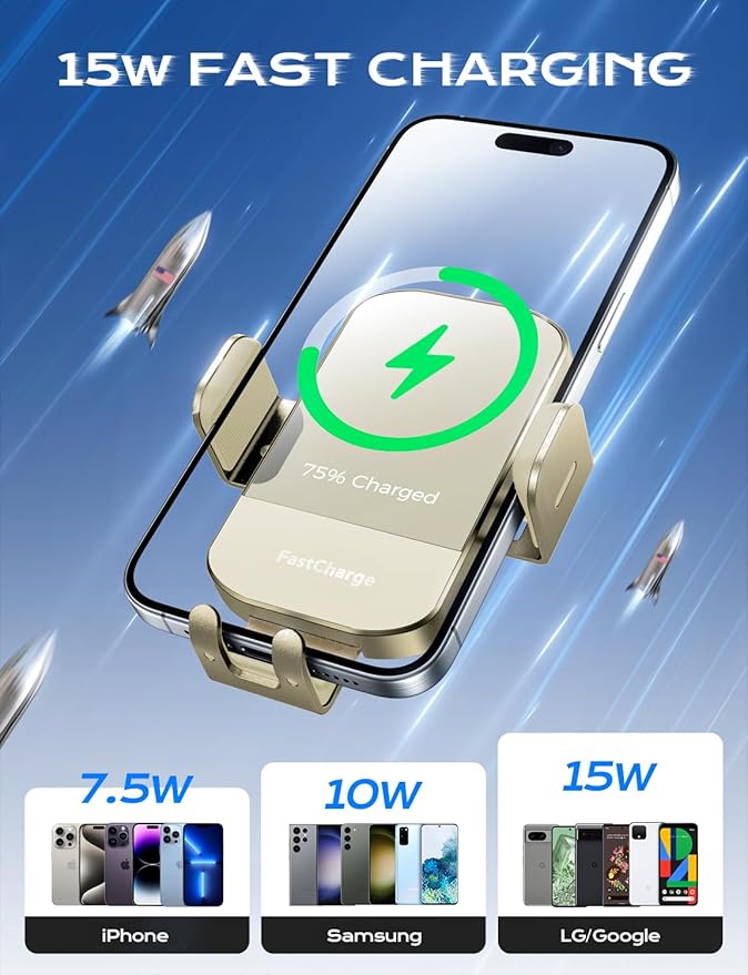 Wireless Car Charger, 15W Fast Charging Auto Clamping Car Charger Phone Mount Phone Holder fit for iPhone 15 14 13 12 11 Pro Max Xs, Samsung Galaxy S24 Ultra S23 S22 S21, S20, S10+, Khaki