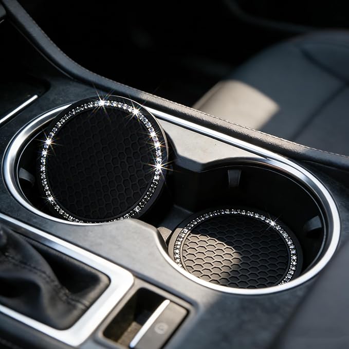 Yousheng Bling Car Cup Coaster, Universal Holder Insert Rhinestone Anti Slip Silicone Accessories Suitable for Most Interior, Best Gift Women, Black and Black, 2 Count (Pack of 1)