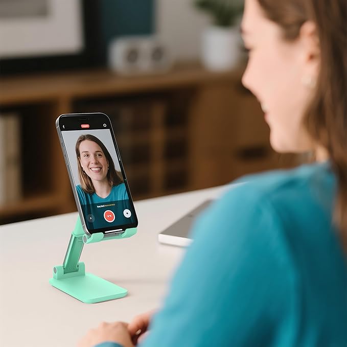Cell Phone Stand, Adjustable Angle and Height Cell Phone Holder for Desk, Foldable and Portable, Anti-Slip Silicone Pad, Compatible with All Mobile Phones and 4-8 Inch Devices, Green