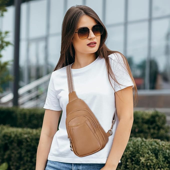 BIAVOI Crossbody Bags for Women Anti Theft Vegan Leather Sling Bag RFID Blocking Chest Bag for Travel (Light Brown)