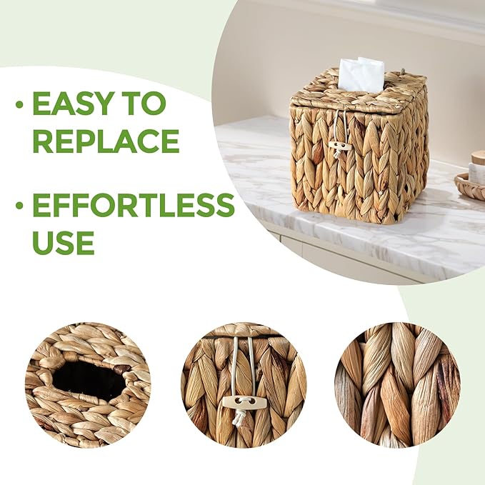2 Pack Rattan Tissue Box Cover with Lid, Wicker Tissue Box Holder Square, Hand Woven Cube Tissue Box Cover Tissue Holder for Bathroom Living Room Kitchen Office, Natural