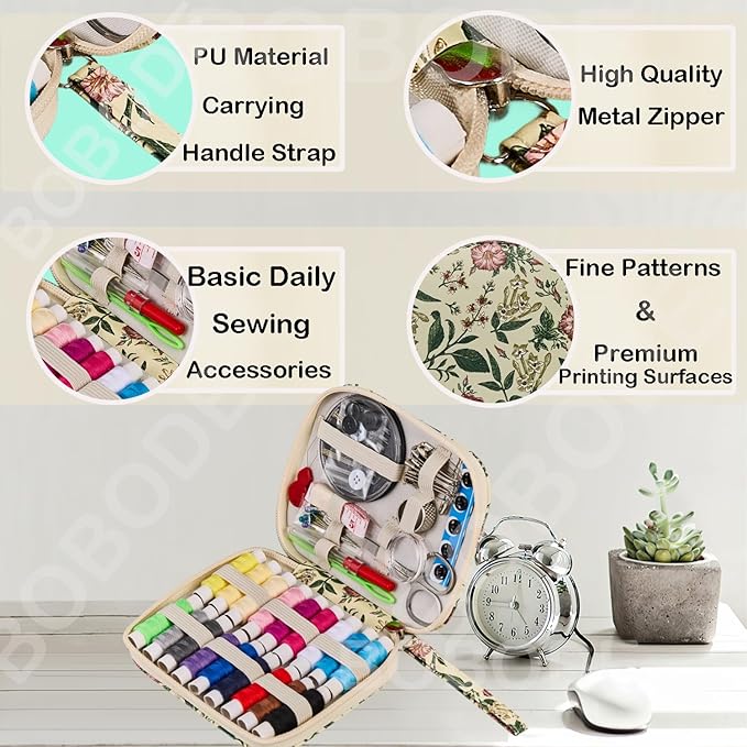 Arts Craft Printing Sewing Kit Travel Basic Small Sewing Set | Floral Pattern Sewing Kit for Adults,Emergency,Beginners Professional Sewing Supplies with 18 Colors Sewing Thread