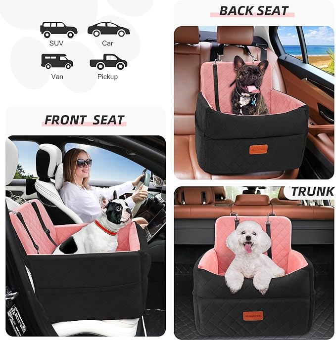 HEGGCOOE Dog Car Seat for Small Medium Dogs, Memory Foam Puppy Dog Booster Seat with Thick Cushion for Dogs Under 35lbs, Detachable Washable Pet Car Seat Travel Bed with Storage Pockets,2 Safety Belts