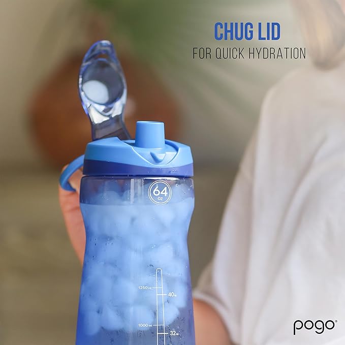 Pogo 64oz Plastic Water Bottle with Leak-Proof Chug Lid and Carry Handle, Reusable, BPA Free, Capacity Markings, Dishwasher Safe, Perfect for Travel, School, Outdoors, and Gym, Teal