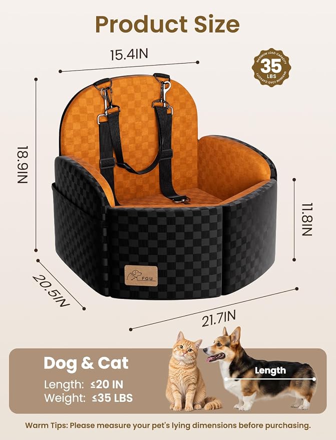 Dog Car Seat for Small/Medium Dogs, Elevated Dog Booster Seat with Memory Foam Cushion for Dogs Under 35lbs, Detachable Washable Pet Car Seats with Storage Pockets & 2 Safety Belts (Brown)