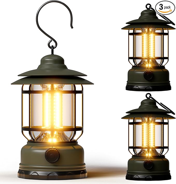 Camping Lanterns Battery Powered, 3 Pack Green LED Rechargeable Lantern with Stepless Dimming, Vintage Portable Camping Lights for Emergency, Fishing, Camping, Hiking, Outage, IPX4 Waterproof