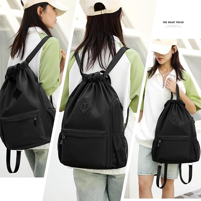 Valleycomfy Waterproof Drawstring Gym Backpack Bag for Men & Women,Sports Gym Bag with Side Pocket Grey