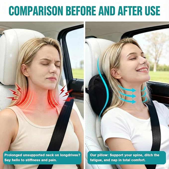 2PCS Car Pillow for Car Neck Pillow for Driving Seat Neck Support Soft Cushion Back Support Head-Rests for Vehicle Sleeping with Elastic Adjustment Strap (Orange, Head and Lumbar)
